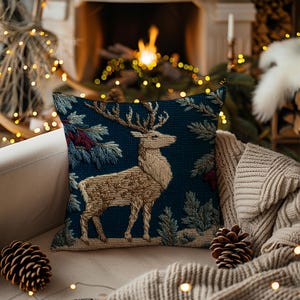 May include: A square throw pillow featuring a needlepoint design of a tan deer standing in a forest. The background is a deep navy blue, accented with embroidered pine branches and trees in shades of green and brown, creating a textured appearance.