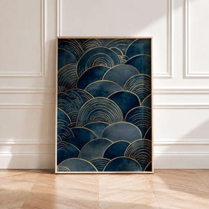May include: A rectangular wall art print featuring a repeating pattern of overlapping dark blue semicircles. Each semicircle is outlined and filled with fine, concentric gold lines that create a textured, layered visual effect.