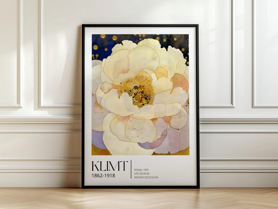 Klimt Museum Poster Floral | Art Nouveau Wall Art, Gustav Klimt Inspired Art Print, Blooming White Flower Decor, Elegant Home Artwork