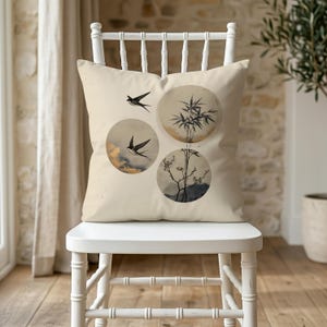 Swallow Cushion Cover | Japanese Bird Pillow Bamboo Blossom Botanical Collage Ink Line Art Charcoal Cream Decor Wabi Sabi Bedroom Accent