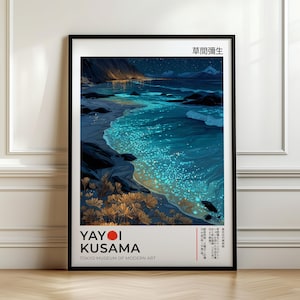 May include: A framed art print featuring a nocturnal coastal scene with bioluminescent blue waves crashing on a dark shore, golden plants in the foreground, and the text Yayoi Kusama Tokyo Museum of Modern Art with Japanese characters.