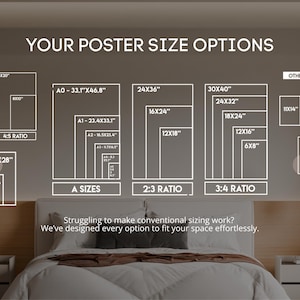 May include: A white graphic chart titled YOUR POSTER SIZE OPTIONS displaying various rectangular dimensions in inches, including 4:5, 2:3, and 3:4 ratios, A-series sizes from A0 to A5, and other sizes like 11x14, 11x17, and 28x40 inches.