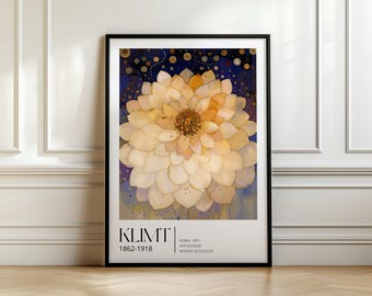 Gustav Klimt Exhibition Print | Art Nouveau Floral Poster, Dahlia Print, Gold Flower Poster, Vienna Secession Decorative Art for Living Room