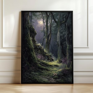 May include: A vertical framed wall art print depicting a dark, mossy forest scene at night. Tall, shadowed trees surround a narrow path illuminated by a glowing full moon in the sky. Small clusters of mushrooms grow on the forest floor.