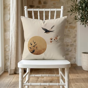 Flying Swallow Cushion Cover | Japanese Blossom Pillow Cream Gold Collage Ink Line Art Spring Refresh Wabi Sabi Bedroom Accent Decor Zen