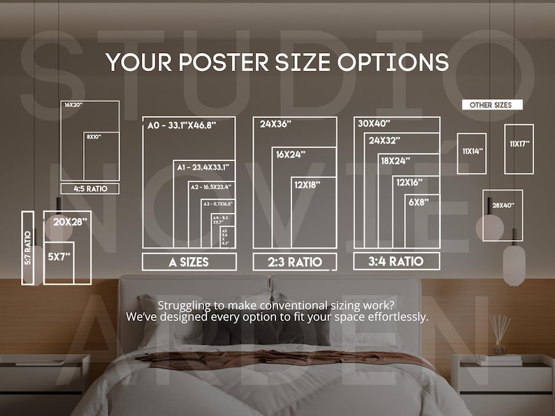 May include: A white graphic chart titled YOUR POSTER SIZE OPTIONS displaying various rectangular dimensions in inches, including A-sizes, 4:5, 2:3, and 3:4 ratios. The text reads: Struggling to make conventional sizing work? We've designed every option to fit your space effortlessly.