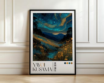 Yayoi Kusama Inspired Fireflies Art Print | Enchanted Nature Wall Art Museum Quality Exhibition Poster Ethereal Nature Art Firefly Field