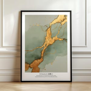 May include: A framed wall art print featuring an abstract design with sage green watercolor-style washes and metallic gold veins resembling kintsugi. The text at the bottom reads Kintsukuroi (金繕い) and describes the art of repairing with gold.