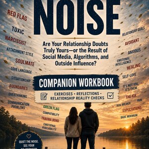以下が含まれることがあります： ジャスティン・ラスク著『Relationship Noise』のブックカバー。夕暮れ時の木製桟橋に立つカップルが描かれている。テキストには「Companion Workbook」「Exercises」「Reflections」「Relationship Reality Checks」および様々な関係用語が含まれている。