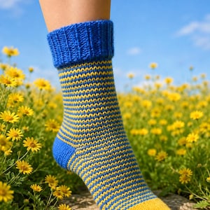 May include: A knitted sock featuring a vibrant blue and yellow striped pattern throughout the body. The sock includes a solid blue ribbed cuff at the top, a solid blue heel section, and a solid yellow toe section, crafted with a textured knit stitch.