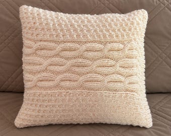 Hand Knit Cable Pillow Cover, Ivory Aran Cushion Cover 40x40 cm, Decorative Throw Pillow Sham, Button Closure