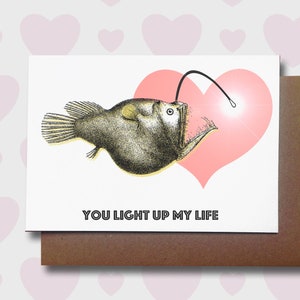 Love Card, Valentines Greeting Card, Funny Anglerfish Animal Sea Creature Fish Card, UK Handmade Handprinted