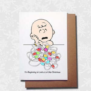 Charlie Brown Christmas Greetings Card, Peanuts Snoopy Animation. UK Handmade, Handprinted. A6.