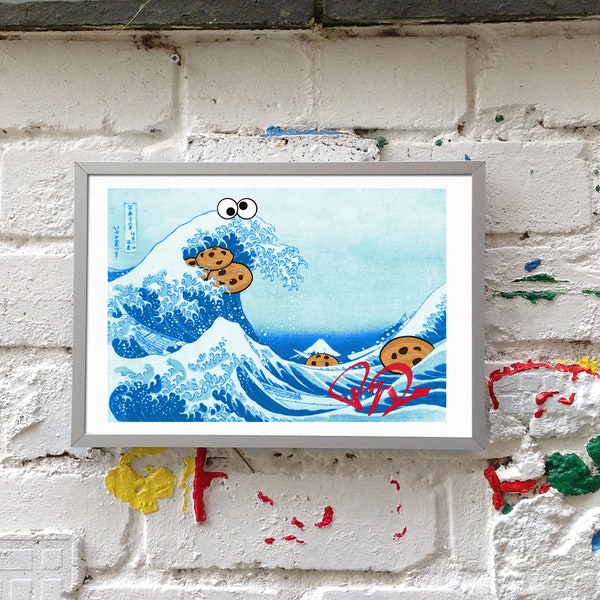 Rocky D Street Graffiti Artist Digital Wall Art Print, Hokusai Wave Cookie Monster A4 Unframed, UK Handmade, Handprinted