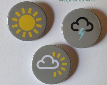 Button Pin Badge, Weather Symbols, Presentation Card, Birthday Gift for Him, Gift for Her UK Handprinted, Handmade