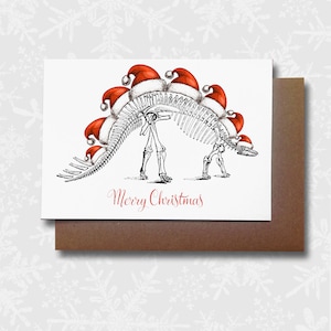 Dinosaur Christmas Card, Stegosaurus with Santa Hats, Dino Greetings Card, A6, Quality Cardstock, UK handmade, Plastic Free.