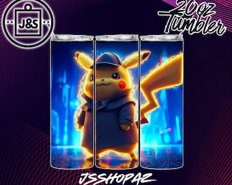 Diseño de sublimación para vaso/envoltura fluorescente de Detective Pikachu de 20 oz (descarga digital individual) (PNG)