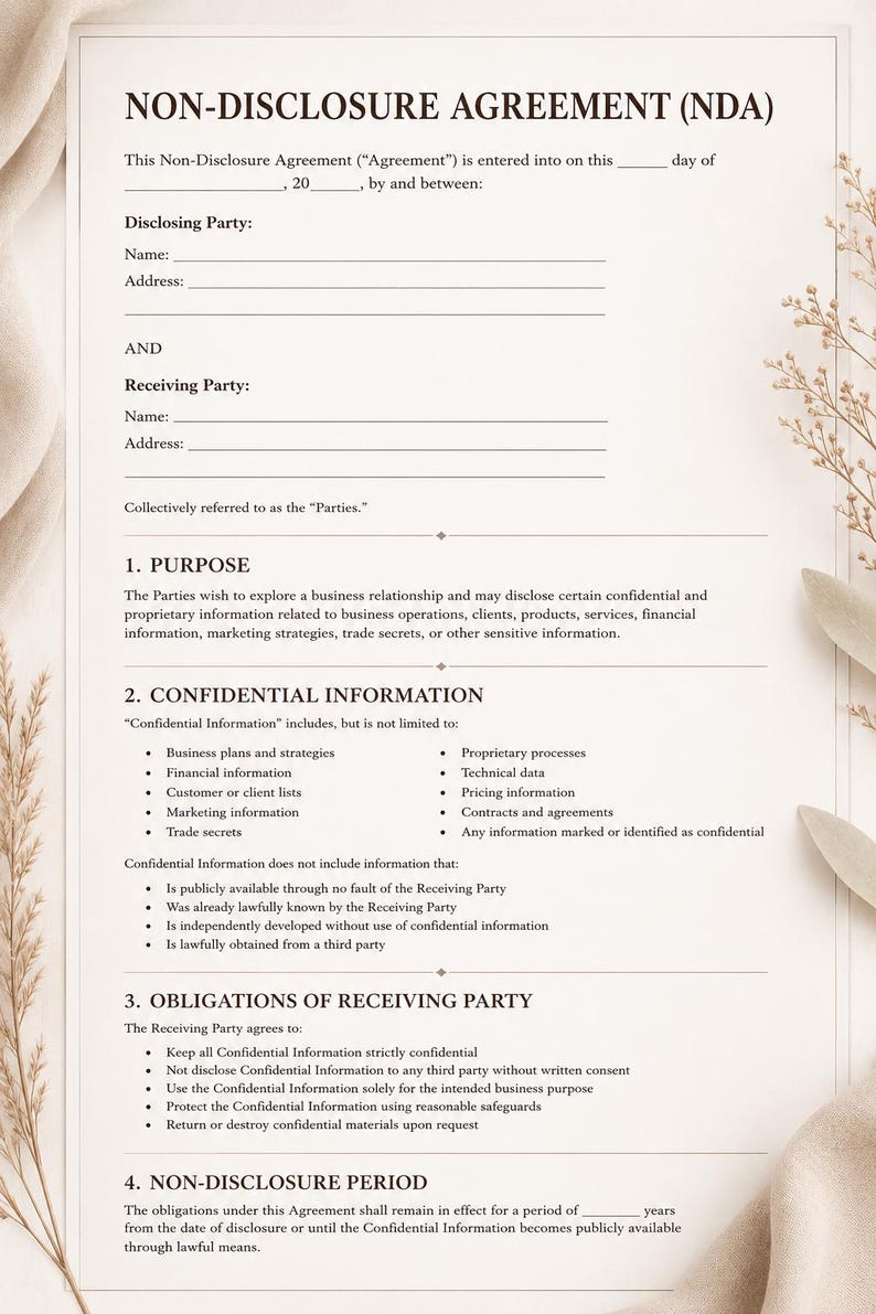 Nda Form Financial Non-disclosure Agreement (NDA) Template - Etsy