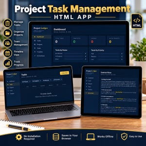 Könnte beinhalten: Eine HTML-App zur Projekt-Aufgabenverwaltung auf einem Desktop-Monitor, einem Laptop und einem Tablet. Die Bildschirme zeigen ein dunkel gestaltetes Dashboard, eine Aufgabenliste und Anweisungen zur Verwaltung von Projekten.