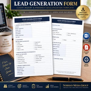 May include: A two-page lead generation form template with sections for prospect contact information, lead source, services, needs, and follow-up plans. The document features a dark blue header with white text and organized fields for data entry.