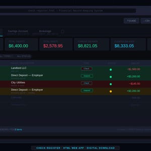 May include: A dark-themed digital financial record-keeping web application interface titled CHECKREG. The dashboard displays account balances, transaction history, and status indicators in green, red, and yellow text on a dark background.