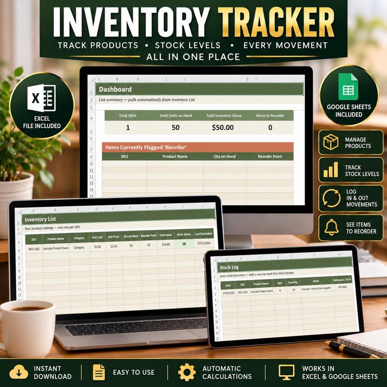 Inventory Tracker Spreadsheet | Excel & Google Sheets Template | Stock ...