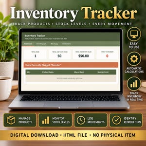 Inventory Tracker HTML App | Stock Management Dashboard with Reorder Alerts | Small Business Inventory Log | Digital Download