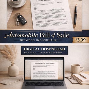 May include: An advertisement for an editable and printable automobile bill of sale. The image shows a printed form, a laptop displaying the form, and a bundle deal offer. Text includes "Instant Download" and "Digital Download".