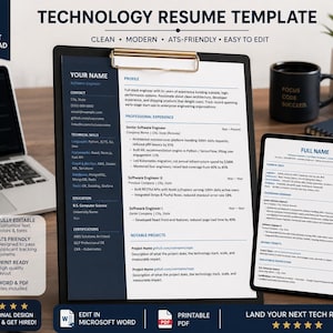 May include: A technology resume template displayed on a clipboard and a tablet screen. The document features a dark blue sidebar with contact details, technical skills, education, and certifications, alongside a white main section for professional experience.