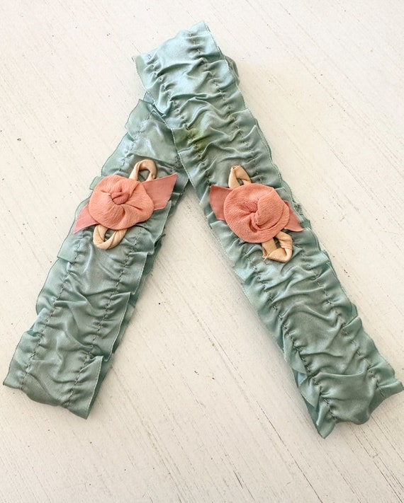 Sweet Pair of Antique Silk Teal Garters with ribb… - image 5