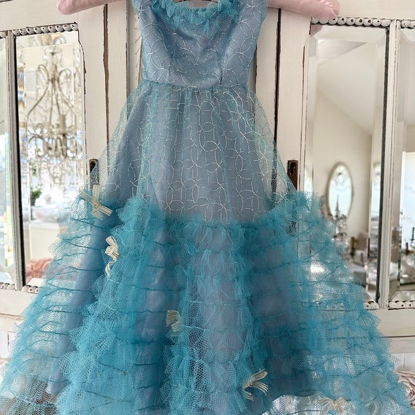 Fabulous Vintage Boudoir Doll Miniature Prom Blue Dress