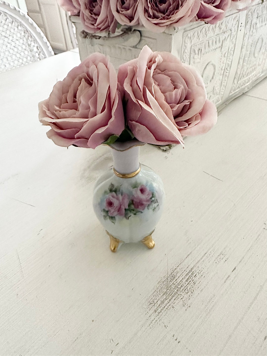 Adorable Hand Painted Vintage Porcelain China Footed Bud Vase With Pink ...