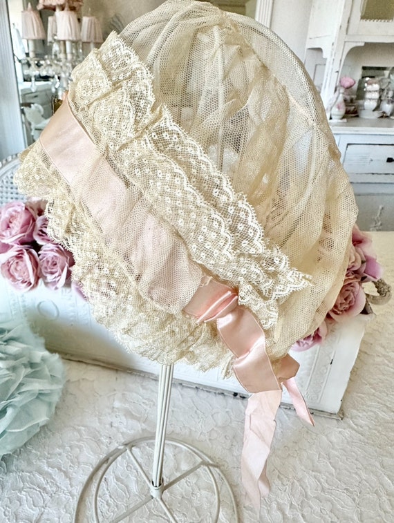 Fabulous Antique Gauze Net Lace Sleep Bonnet with… - image 2