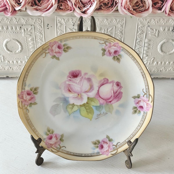 Pretty Antique Prussia China Pink Roses Plate