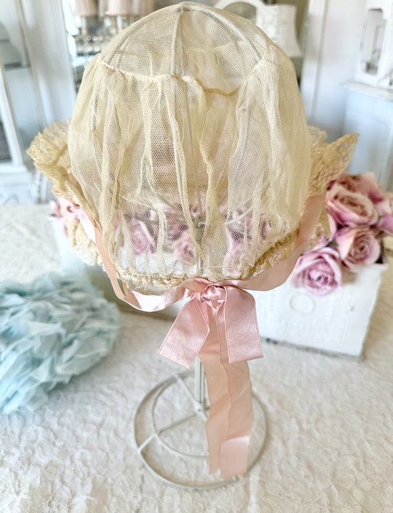 Fabulous Antique Gauze Net Lace Sleep Bonnet with… - image 5