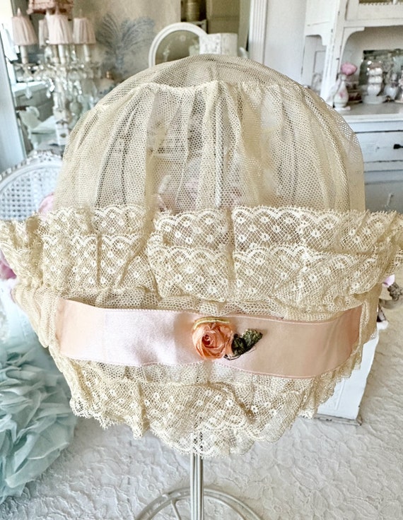 Fabulous Antique Gauze Net Lace Sleep Bonnet with… - image 1