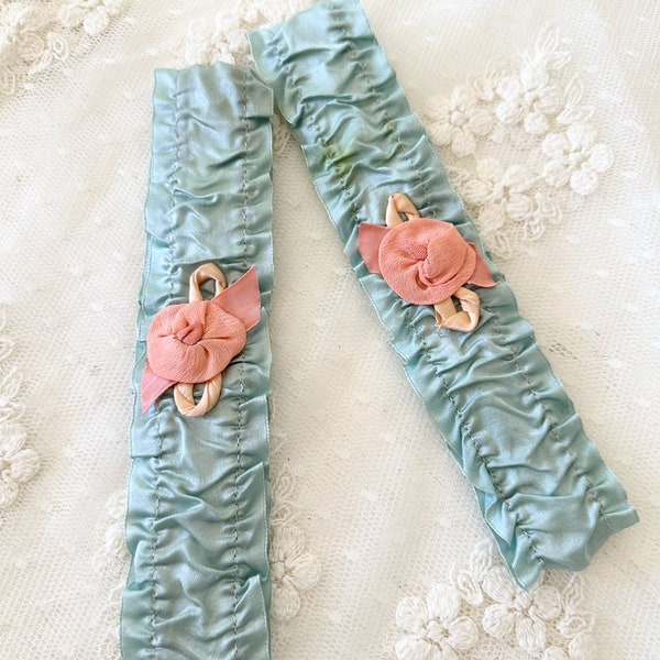 Sweet Pair of Antique Silk Teal Garters with ribbon work flowers