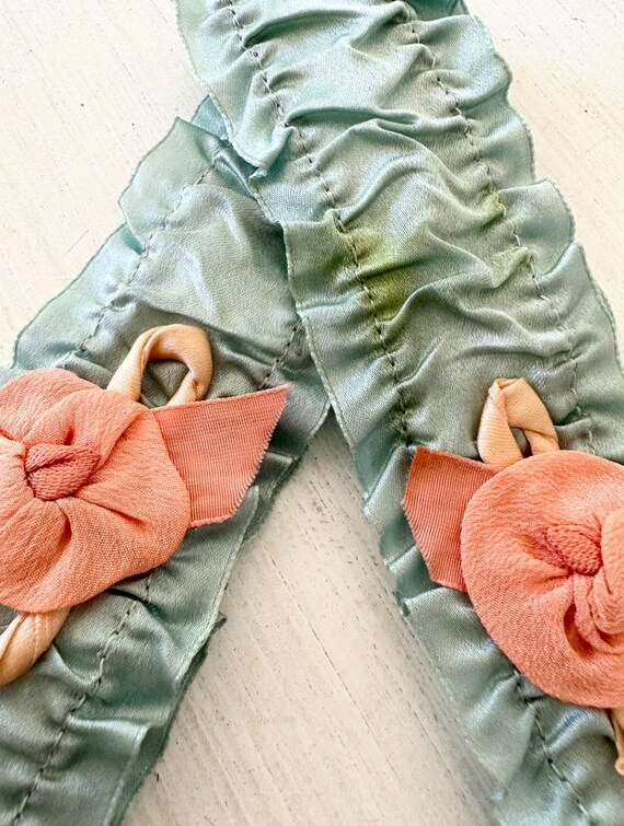 Sweet Pair of Antique Silk Teal Garters with ribb… - image 3