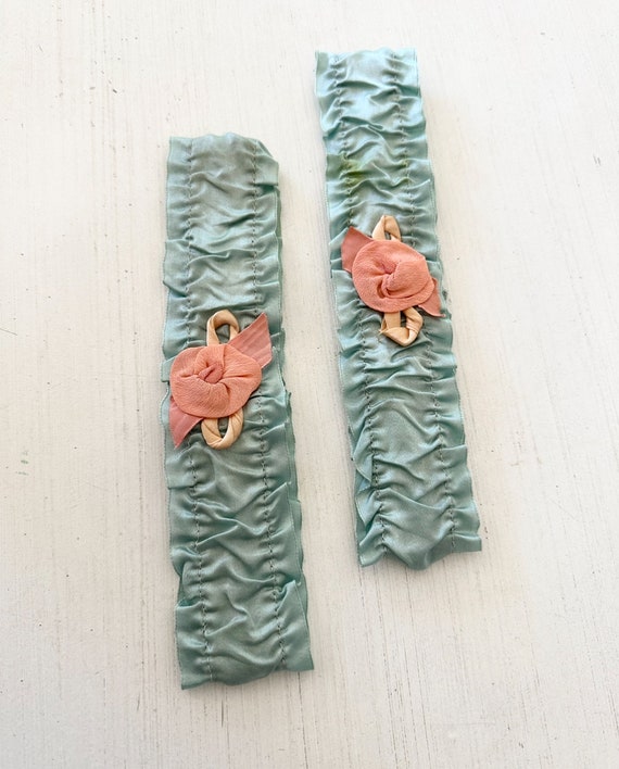 Sweet Pair of Antique Silk Teal Garters with ribb… - image 2