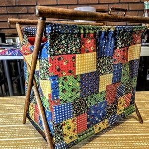 Vintage Folding Wood Magazine Rack — Quilted Patchwork Sewing Caddy