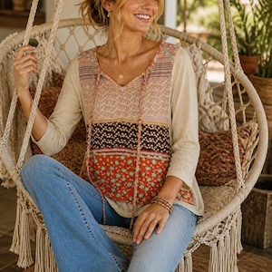 Ezra Boho Patchwork Blouse XL | Floral Mixed Print Peasant Top | Cottagecore Hippie Shirt | Festival Bohemian Top
