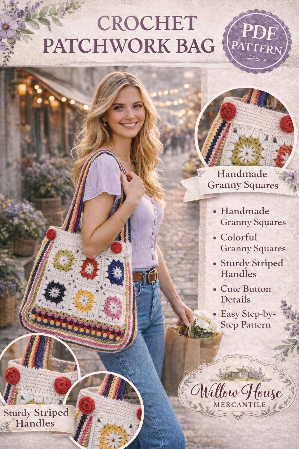 Crochet Patchwork Tote Bag Pattern | Granny Square Boho Market Bag (PDF ...