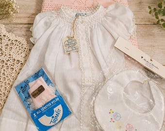 Vintage Baby Gift Set | Heirloom Smocked Dress, Pink Knit Baby Blanket, Bib & Newborn Socks | Nursery Keepsake Bundle