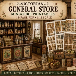 Può includere: Un PDF digitale di 13 pagine con miniature stampabili per un emporio vittoriano in scala 1:12. Il set include etichette, scatole, bottiglie, lattine, insegne, casse e sacchi per casa delle bambole. Il testo recita Victorian General Store.