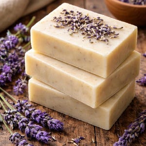 Op de afbeelding: Een stapel van drie rechthoekige, lichtgekleurde zepen, elk bedekt met gedroogde lavendelbloemen. De zepen staan op een houten oppervlak, met takjes verse paarse lavendel en een houten kom met lavendel.