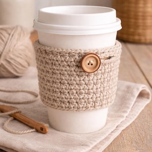 May include: A white paper coffee cup with a white lid is wrapped in a beige crocheted cozy. The cozy is secured with a wooden button. The cup is on a beige linen napkin, with yarn and a crochet hook in the background.