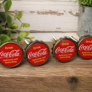 Coca Cola Drawer Pulls Set of 4 | Bottle Cap Cabinet Knobs | Vintage Style Coke Hardware | Retro Kitchen Decor | Red Bar Cabinet Handles
