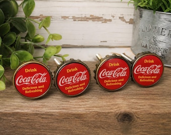 Coca Cola Drawer Pulls Set of 4 | Bottle Cap Cabinet Knobs | Vintage Style Coke Hardware | Retro Kitchen Decor | Red Bar Cabinet Handles