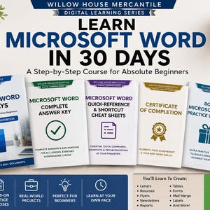 May include: A digital learning bundle for Microsoft Word featuring a 30-day course, answer key, cheat sheets, certificate, and practice workbook. The materials include text titles, icons, and a 5-PDF bundle badge on a white surface with a coffee mug.