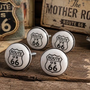 Route 66 Cabinet Knobs Set of 4 | Porcelain Drawer Pulls | Vintage Americana Decor | Highway Sign Hardware